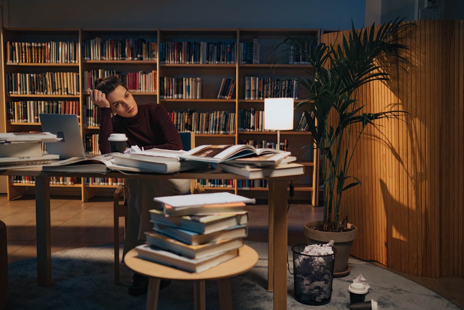 Graduate researcher in a lab working late with papers and equipment
