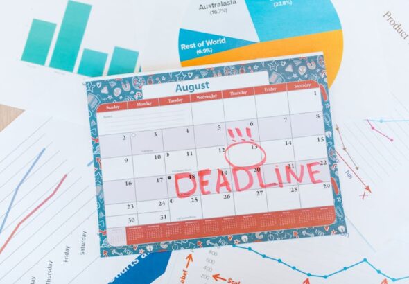 Planner with notes and calendar dates for “Deadlines That Matter,” organizing applications, exams, and documents