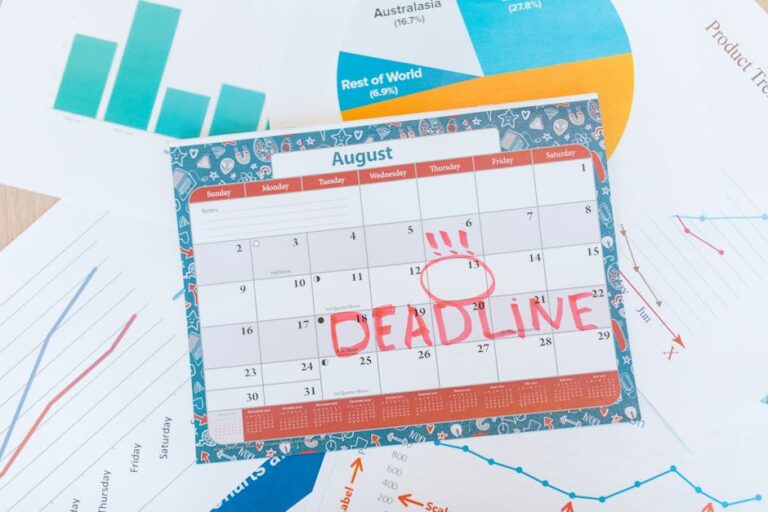 Planner with notes and calendar dates for “Deadlines That Matter,” organizing applications, exams, and documents