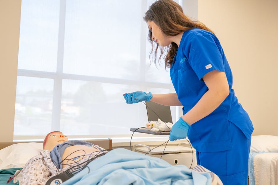 Healthcare student in scrubs practicing skills in a clinical simulation lab
