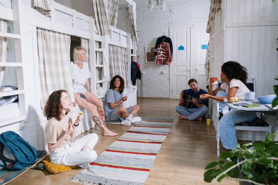 Students studying in a quiet dorm common area during the evening