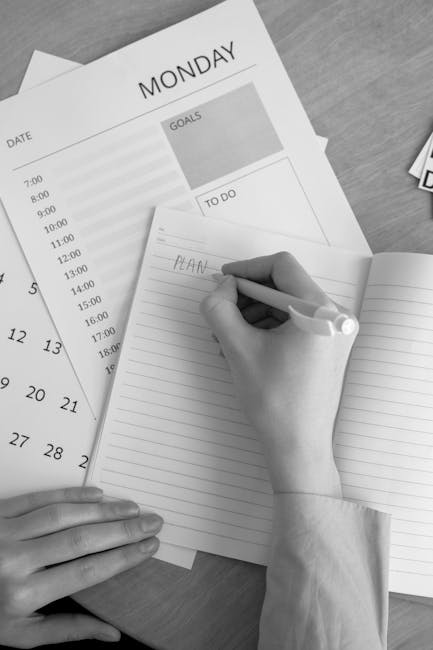 Student organizing study tasks on a weekly planner template at a desk